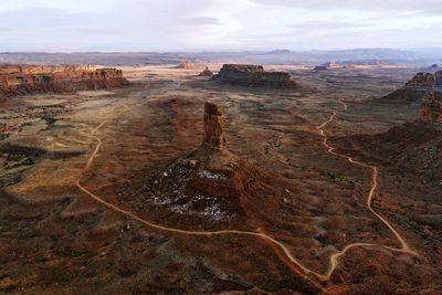 Aerial view of landscape and dirt road in utah