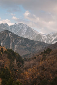 Scenic view of mountains against cloudy sky