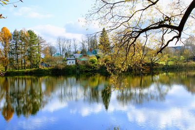 Reflection of trees in lake against sky