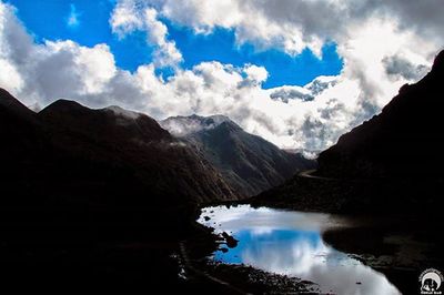 Scenic view of lake against cloudy sky