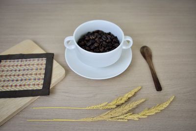 High angle view of breakfast on table