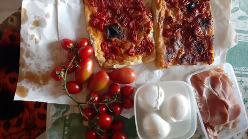 High angle view of breakfast on table