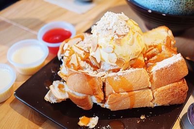 Close-up of ice cream in plate on table