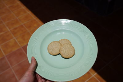 High angle view of person holding cookies in plate
