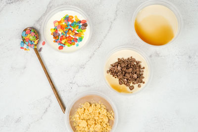 High angle view of breakfast on table