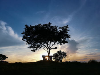 Silhouette trees on field against sky at sunset