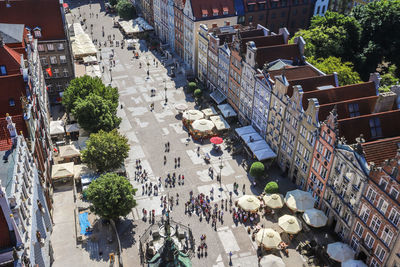 High angle view of street amidst buildings in city