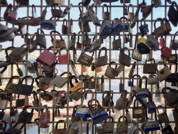 Full frame shot of love lock on metal at high level bridge