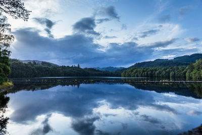 Scenic view of lake by trees against sky