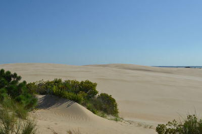 Scenic view of desert against clear blue sky