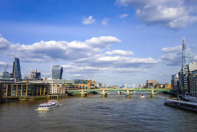 Bridge over river with city in background