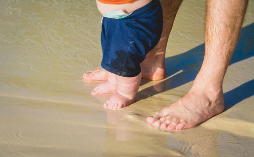 Low section of father and child at beach