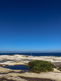 Scenic view of sea against clear blue sky