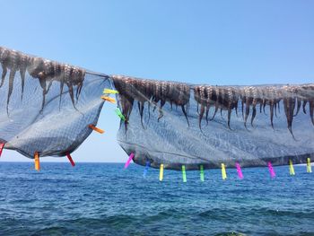 Clothes drying on clothesline by sea against clear blue sky