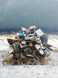 High angle view of old garbage on field