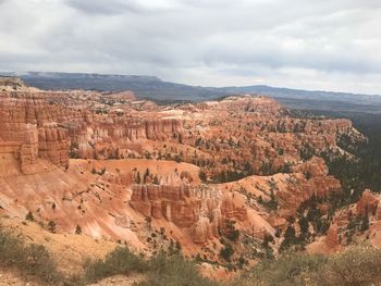 Aerial view of rock formations against cloudy sky