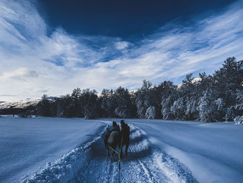 Person on snow covered field against sky