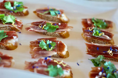 Close-up of food served on table