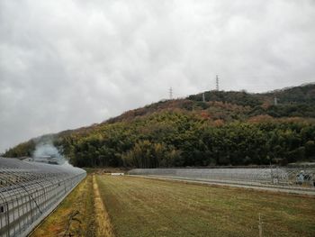 Road amidst trees on field against sky