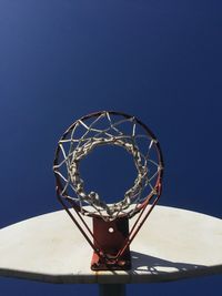 Close-up of basketball hoop against clear blue sky