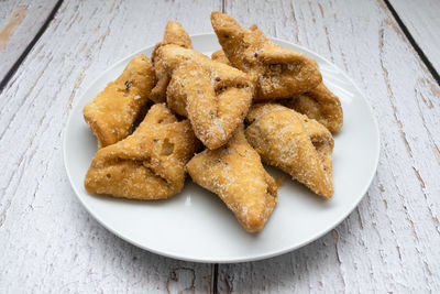 High angle view of bread in plate on table