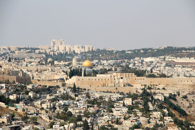 High angle view of townscape against clear sky