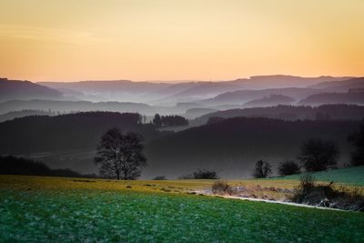 Scenic view of field against mountains during sunset