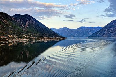 Scenic view of lake against cloudy sky