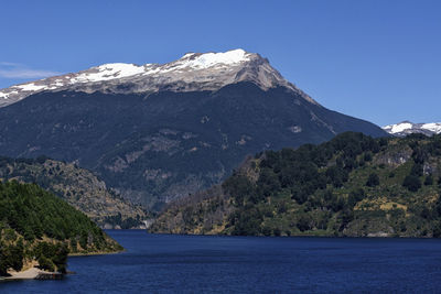 Scenic view of sea and mountains against clear sky