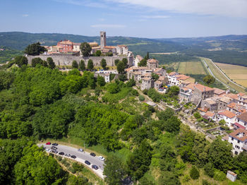 Aerial view of motovun, a hilltop town in istria, croatia