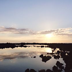 Scenic view of calm lake at sunset