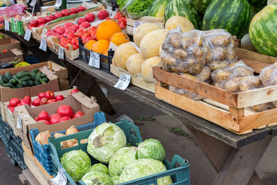 High angle view of fruits for sale at market stall