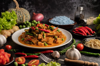 Close-up of food served on table