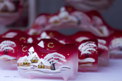 Close-up of christmas decorations on table