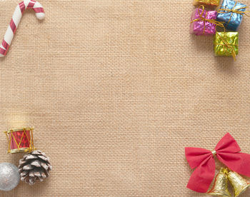 Directly above shot of christmas decorations on table