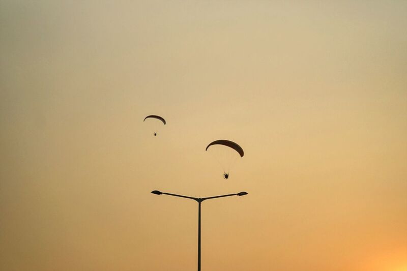 low angle view, copy space, clear sky, street light, lighting equipment, silhouette, sunset, pole, flying, outdoors, sky, orange color, mid-air, no people, nature, yellow, high section, dusk, tranquility, bird