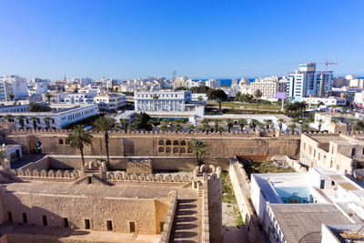 High angle view of buildings in city