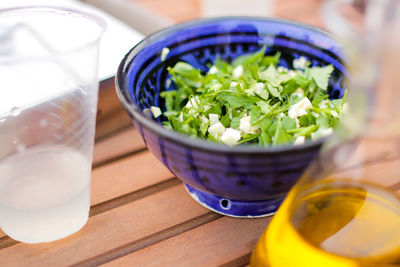 High angle view of salad in bowl on table