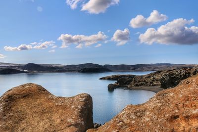 Scenic view of lake against cloudy sky