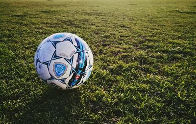 High angle view of soccer ball on field