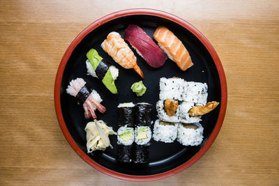 High angle view of sushi served on table