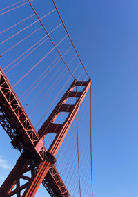 Low angle view of bridge against clear blue sky