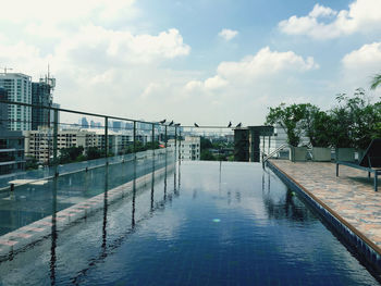 Swimming pool by building against sky