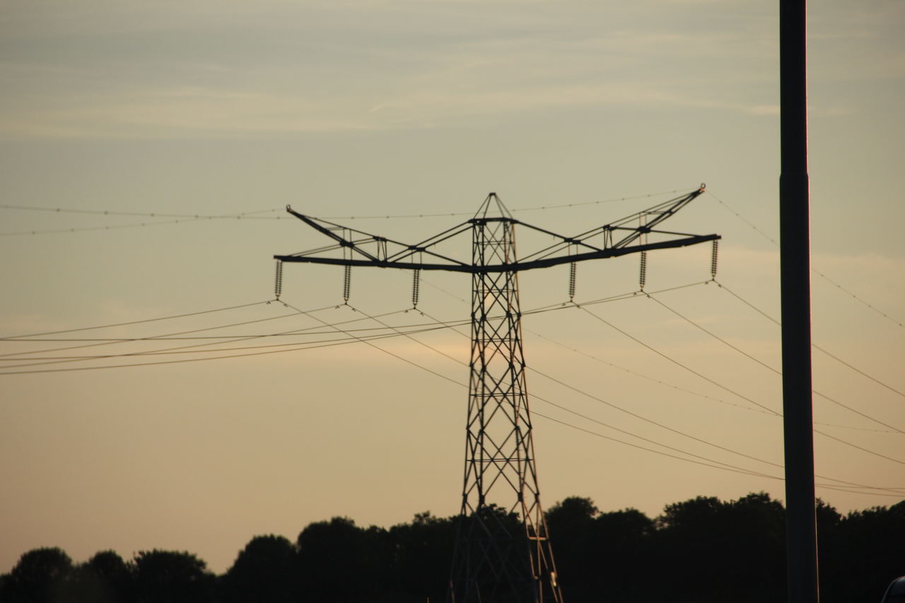 electricity pylon, power line, power supply, electricity, fuel and power generation, silhouette, connection, low angle view, technology, sunset, sky, cable, tree, dusk, nature, power cable, outdoors, no people, complexity, tranquility