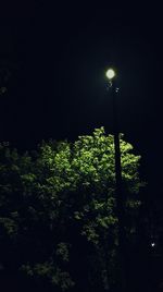 Low angle view of illuminated street light against sky at night