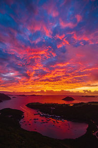 Scenic view of dramatic sky over sea during sunset