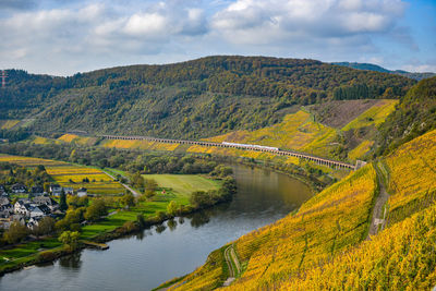 Scenic view of river amidst mountains against sky