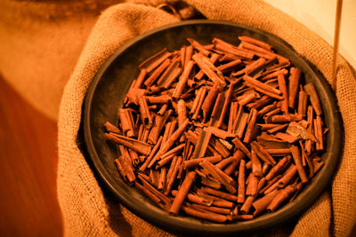 High angle view of noodles in bowl on table