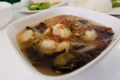 High angle view of soup in bowl on table