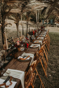 Empty chairs and tables in restaurant